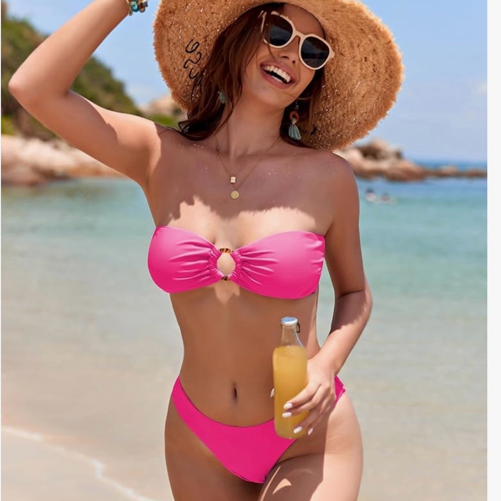 ZAFUL Women's Bandeau Bikini O Ring Strapless Tie Back High Cut Two Piece